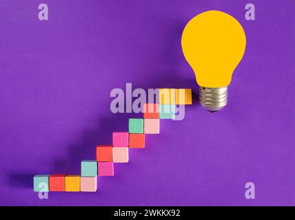 Business growth,success, idea,innovation and teamwork makes the dream work concept, ladder of success and light bulb for planning development,leadersh Stock Photo