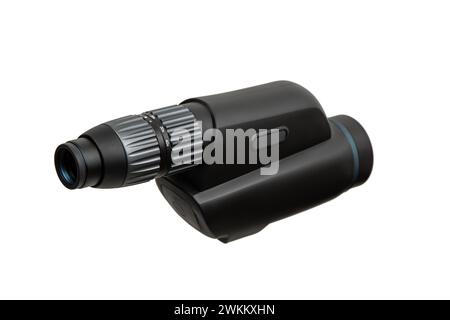 Modern spyglass. Long-range observation device. Monocular isolate on a white background. Stock Photo