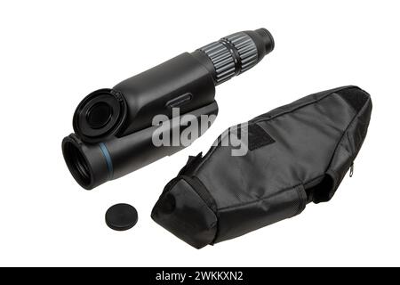 Modern spyglass. Long-range observation device. Monocular isolate on a white background. Stock Photo