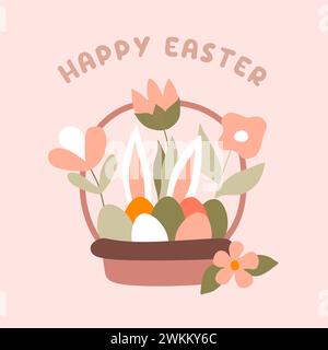 Festive Easter Basket with Colorful eggs, Flowers and Ears of Bunny rabbit. Happy Religious Holiday Greeting card. Vector Flat Cartoon Isolated Illust Stock Vector
