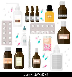 Set of vector pills and capsules. Icons of medicament. Tablets in blisters: painkillers, antibiotics, vitamins and aspirin. Pharmacy and drug symbols. Stock Vector