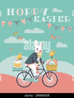 Funny Bunny deliver Easter cake and eggs in basket fancy vector poster. Rabbit ride Bicycle cartoon illustration. Happy Easter childish design. Stock Vector