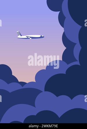 Plane flying in the sky among big cumulus clouds illustration. Vector gradient illustration Stock Vector