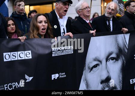 21st February 2024: On the second day of Julian Assange’s High Court appeal  against extradition to the United States, his supporters  march from the High Court to Downing Street. Leading the march is his wife Stella Assange. Stock Photo