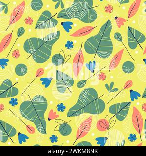 Colorful and bright summer elements seamless pattern. Leaves and flowers on yellow background. Floral spring vector Stock Vector