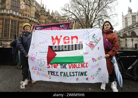 London, UK, 21st February 2024. While chaotic scenes developed in the House of Commons, with speaker Lindsay  Hoyle going against protocol and allowing a Labour and Govt amendment to the SNP's call for an immediate ceasefire., pro Palestine supporters queued to lobby their own MPs to vote for the ceasefire. Stock Photo