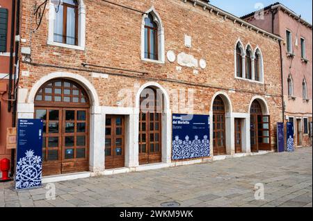 Burano, Italy- Feb 25, 2023: The front of the Musseo del Merletto or the Lace Museum   in Burano Italy Stock Photo