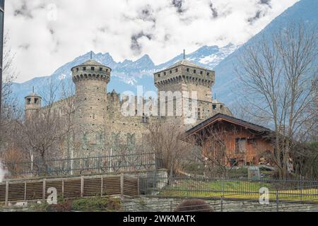 Fénis Castle (Italian: Castello di Fenis, French: Château de Fénis) is an Italian medieval castle located in the town of Fénis Valle d'Aosta, Italy Stock Photo