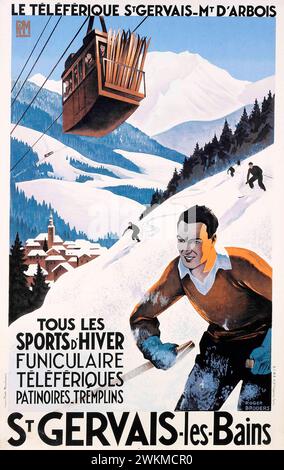 Vintage Travel Poster St Gervais Les Bains by 1930,  All winter Sports, Cable Car, Skying,by Roger Broders, Stock Photo