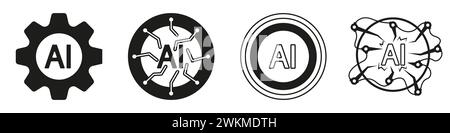 Set of AI web icons. Machine learning logo. Futuristic cybernetics logos. AI vector illustration. Stock Vector