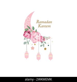 Ramadan Greeting card. With hand drawn pink roses and gold and green colored moon, crescent and stars.  Stock Vector