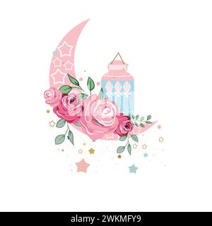 Ramadan Greeting card. Hand drawn pink roses and gold and green colored moon, crescent and stars Stock Vector