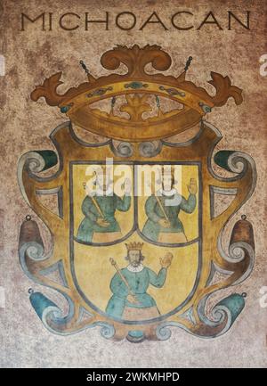 Coat of arms of the state of Michoacán, mural by Diego Rivera, at the SEP building in Mexico City, Mexico. Stock Photo