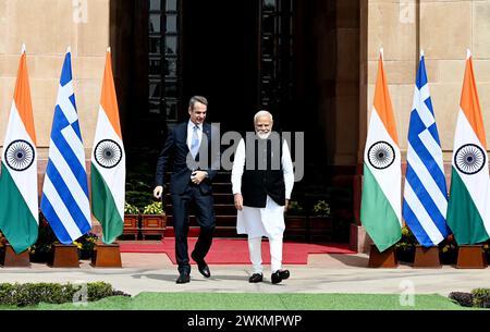 New Delhi, India. 21st Feb, 2024. NEW DELHI, INDIA - FEBRUARY 21: Prime Minister Narendra Modi with the Prime Minister of Greece Kyriakos Mitsotakis before their meeting at the Hyderabad House on February 21, 2024 in New Delhi, India. (Photo by Arvind Yadav/Hindustan Times/Sipa USA) Credit: Sipa USA/Alamy Live News Stock Photo