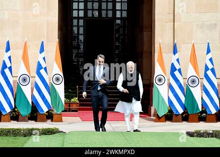 New Delhi, India. 21st Feb, 2024. NEW DELHI, INDIA - FEBRUARY 21: Prime Minister Narendra Modi with the Prime Minister of Greece Kyriakos Mitsotakis before their meeting at the Hyderabad House on February 21, 2024 in New Delhi, India. (Photo by Arvind Yadav/Hindustan Times/Sipa USA) Credit: Sipa USA/Alamy Live News Stock Photo