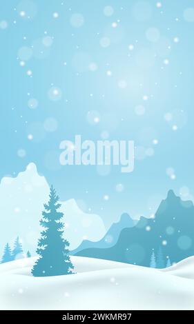 Winter snow background. White abstract texture. Blue sky with falling snow, snowflake. Fantazy design template. Backdrop with a cold light landscape. Stock Photo