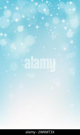 Winter snow background. White abstract texture. Blue sky with falling snow, snowflake. Fantazy design template. Backdrop with a cold light landscape. Stock Photo