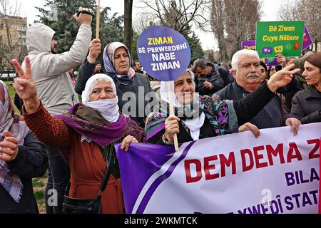 Participants hold a banner and placard during the International Mother Language Day demonstration. The International Mother Language Day is celebrated with a march in Diyarbakir, Turkey. The demonstration, is attended by the Peoples' Equality and Democracy Party (DEM Party), Democratic Regions Party (DBP) and some Kurdish organisations, demanding that the Kurdish language be accepted as an official language and that education be provided with it. Demonstrations are organised in all Kurdish-populated cities in Turkey to protest against the oppression of the Kurdish language. In Turkey, Kurdish Stock Photo