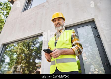good looking joyous man in safety vest and helmet posing with phone and looking at camera, builder Stock Photo