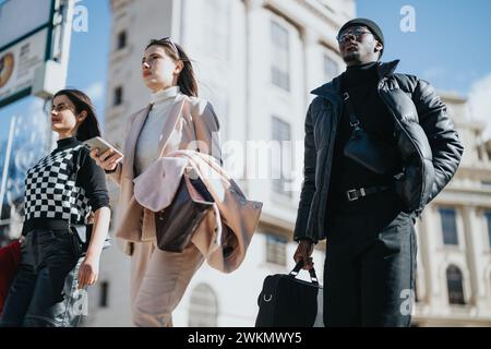 Three young entrepreneurs confidently walk through a city environment, showcasing diversity and modern business attire. Stock Photo