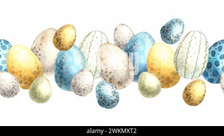 Watercolor seamless Easter line (frame) of colorful eggs. Hand drawn illustrations on isolated background for greeting cards, invitations, happy holid Stock Photo