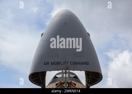 The nose of a Lockheed Martin C-5M Super Galaxy military transport aircraft with the 312th Airlift Squadron of the United States Air Force reserve, Stock Photo