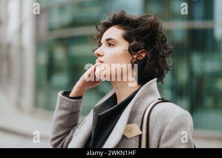Contemplative young woman in stylish coat lost in thought on urban background, pensive mood Stock Photo