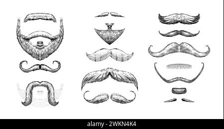 A set of moustache and beards on a white background. Hipster and retro barber or hairdresser. Engraved hand drawn in old sketch, vintage style for Stock Vector