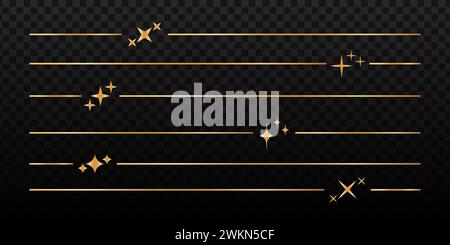 Set of golden page dividers isolated on dark background. Separate lines with star symbols. Cosmic, celestial, magic, mystic decorative elements. Elegant modern ornament. Vector illustration. Stock Vector