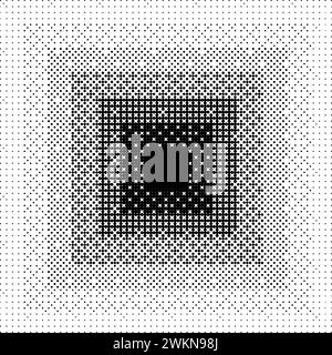 Pixelated gradient square background. Black dithered radial gradation texture. Retro bitmap game backdrop. Halftone 8 bit wallpaper. Vintage rectangle pixel art border. Vector fading overlay Stock Vector