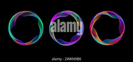 Neon iridescent dotted gradient circle set. Green, purple, red glow round tech frame collection. Curved wave dot line circles on black background. Spinning circular border pack. Vector element bundle Stock Vector