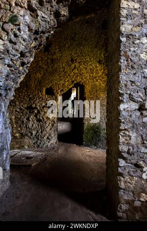 Parco Villa Gregoriana is a public setting in Tivoli along the Aniene River that includes lush canyons, caves meandering through the cliffs and large Stock Photo