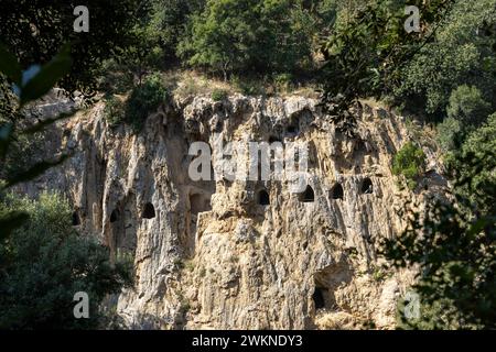 Parco Villa Gregoriana is a public setting in Tivoli along the Aniene River that includes lush canyons, caves meandering through the cliffs and large Stock Photo