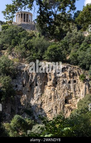 Parco Villa Gregoriana is a public setting in Tivoli along the Aniene River that includes lush canyons, caves meandering through the cliffs and large Stock Photo