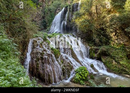 Parco Villa Gregoriana is a public setting in Tivoli along the Aniene River that includes lush canyons, caves meandering through the cliffs and large Stock Photo