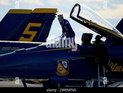 El Centro, California, USA. 21st Feb, 2024. Lt. Wes Perkins, left wing pilot, assigned to the U.S. Navy Flight Demonstration Squadron, the Blue Angels, prepares for takeoff prior to a training flight over Naval Air Facility (NAF) El Centro. The Blue Angels are currently conducting winter training at NAF El Centro, California, in preparation for the upcoming 2024 air show season. (Credit Image: © Michael Russell/U.S. Navy/ZUMA Press Wire) EDITORIAL USAGE ONLY! Not for Commercial USAGE! Stock Photo