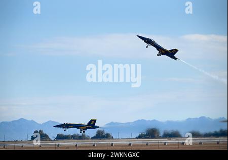 El Centro, California, USA. 21st Feb, 2024. The solo pilots assigned to the U.S. Navy Flight Demonstration Squadron, the Blue Angels, takeoff during a training flight over Naval Air Facility (NAF) El Centro. The Blue Angels are currently conducting winter training at NAF El Centro, California, in preparation for the upcoming 2024 air show season. (Credit Image: © Michael Russell/U.S. Navy/ZUMA Press Wire) EDITORIAL USAGE ONLY! Not for Commercial USAGE! Stock Photo