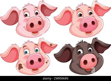 Four cute pig faces showing different emotions. Stock Vector