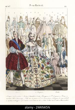 King Louis XV, in velvet justaucorps, Maria Josepha of Saxony, wife of the Dauphin, in embroidered gown, with nobles, 18th century. Louis XV, la Dauphine, Nobles. Sous Louis 15. Handcoloured lithograph by Godard after an illustration by Charles Auguste Herbé from his own Costumes Francais, Civils, Militaires et Religieux, French Costumes, Civil, Military and Religious, Maison Martinet, Paris, 1837. Stock Photo