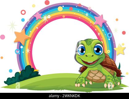 Happy turtle with a colorful rainbow and stars Stock Vector
