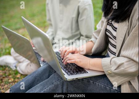 A close-up shot of two college students collaborating on work and using their laptop computer in a campus park. university students, uni life, school Stock Photo