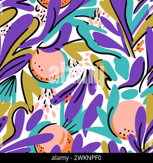 Colorful modern seamless pattern with orange fruits and abstract leaves. Stock Vector