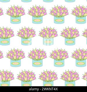 Seamless pattern of tulips bouquets in box with soft yellow and gentle pink flowers. Floral backdrop. Isolate. EPS. Vector for wrapping, wallpaper or web, poster, banner, brochures, billboards, promo Stock Vector