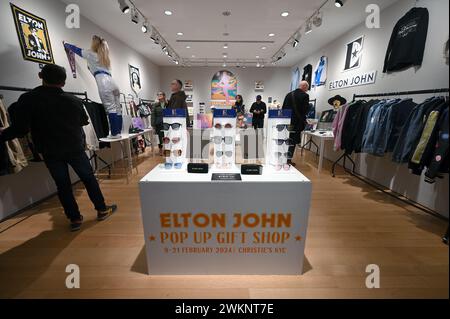 New York, USA. 21st Feb, 2024. Sir Elton John 'pop-up' gift shop at the auction Sir Elton John's 'Goodbye Peachtree Road' collection at Christie's, New York, NY, February 21, 2024. (Photo by Anthony Behar/Sipa USA) Credit: Sipa USA/Alamy Live News Stock Photo