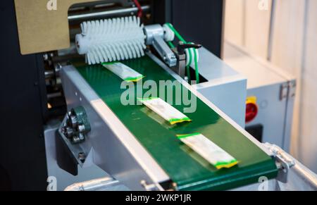 Automatic food flow wrapping machine. Food packaging machine Stock Photo