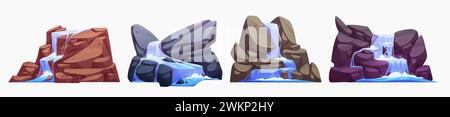 Cascade waterfall with jungle river flow and fall from high rocky cliffs. Cartoon vector illustration set of water in stream flood down from stones. Torrent stream collection for tropical landscape. Stock Vector
