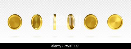 Golden coin 3d in different angles of rotation. Realistic vector set of sprite sheet for rotate animation of gold metal simple currency without sign. Casino cash reward or game ui treasure asset. Stock Vector