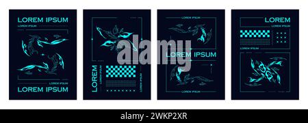 Neon blue abstract neo tribal shapes on black background on poster design template in y2k trendy style. Vector set of banner and cover layout with minimalistic cyberpunk gothic elements and stickers. Stock Vector