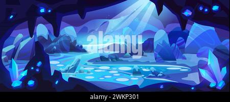 Underground cave with river or lake, waterfall and gemstone crystals in rocky walls. Cartoon deep landscape with view through entrance or hole in stone cavern on water under rays of moonlight. Stock Vector