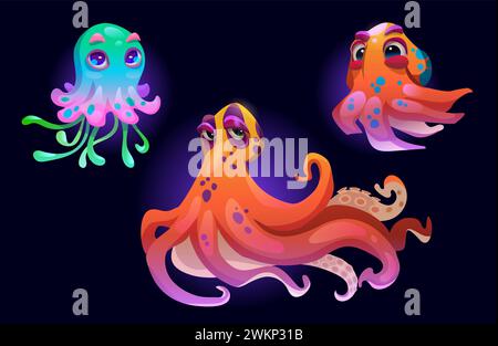 Octopus and jellyfish cartoon characters set. Vector collection of cute underwater sea, ocean or aquarium animals with tentacles. Childish swimming adorable tropical marine inhabitant with funny faces Stock Vector